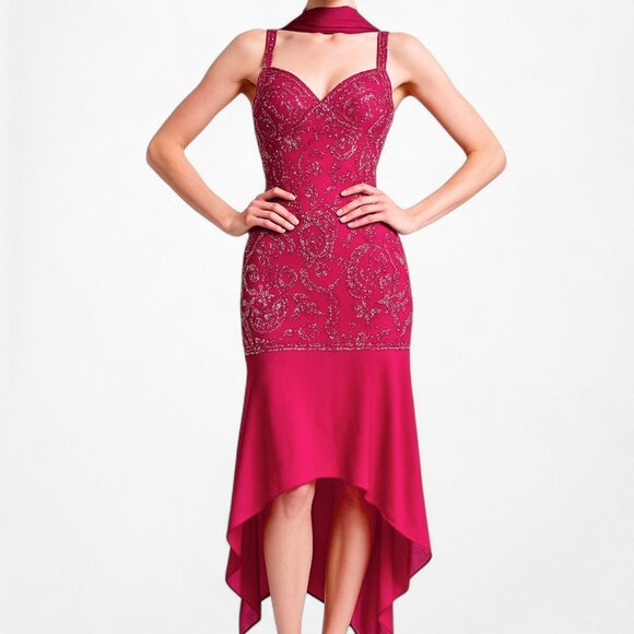 Vintage Pink Floral Beaded Midi Babydoll Bodycon Cocktail Dress Size L - Picture 2 of 11